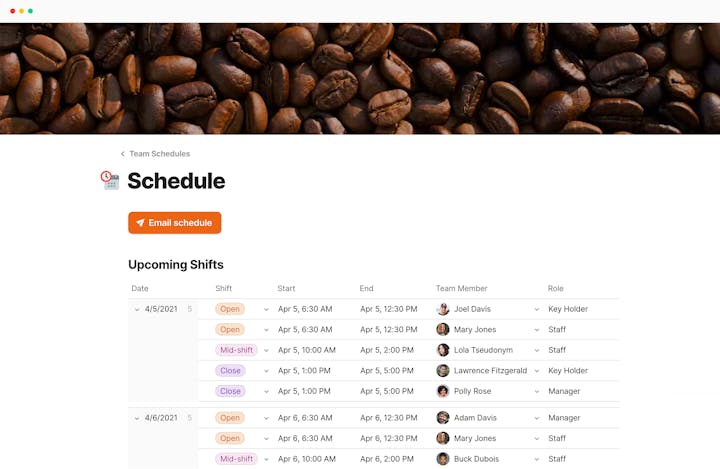 Screenshot of a small business team hub built in Coda - shows upcoming shifts for each employee