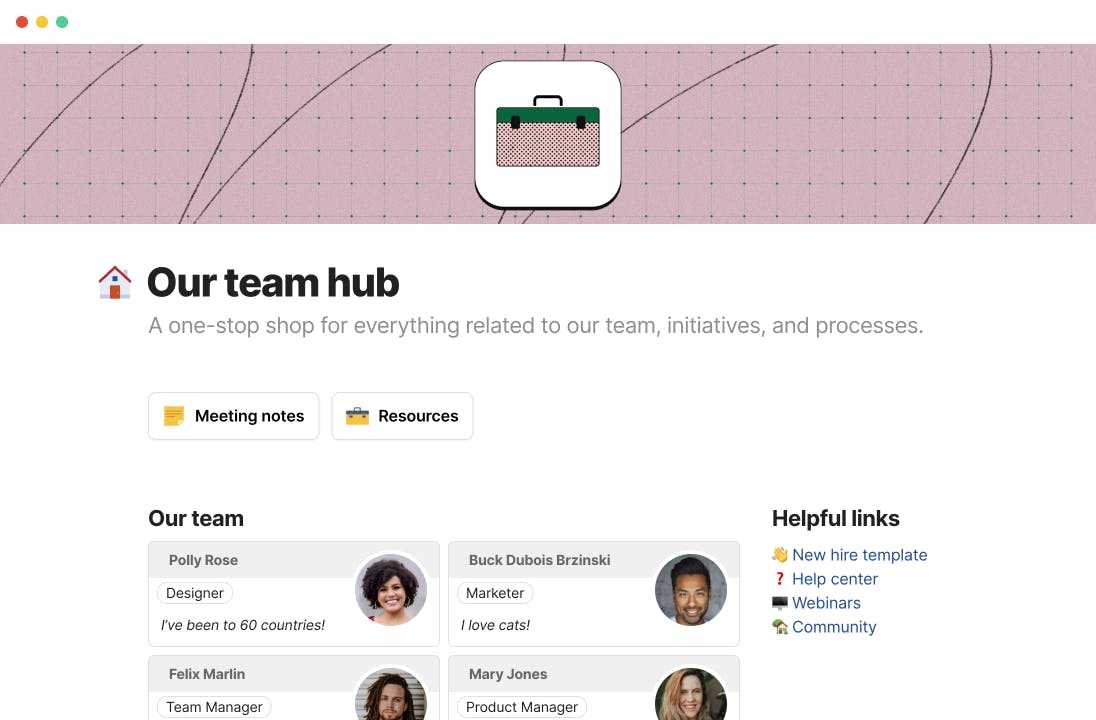 View of a team hub built in Coda - a look at the members on the team and helpful links to team resources.