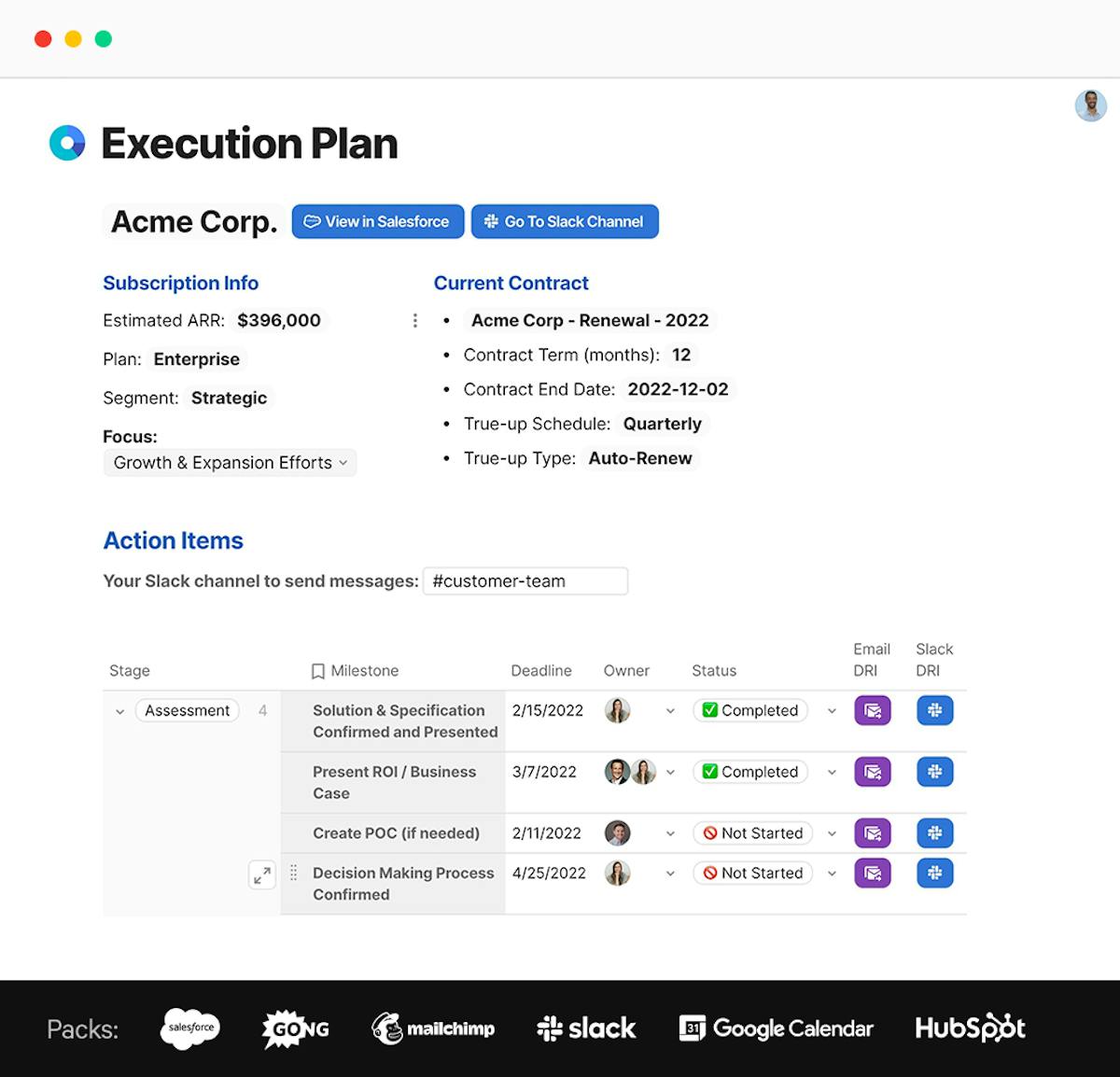 Execution plan built in Coda - integrated with Salesforce and Slack, showing customer information, action items, and milestone status