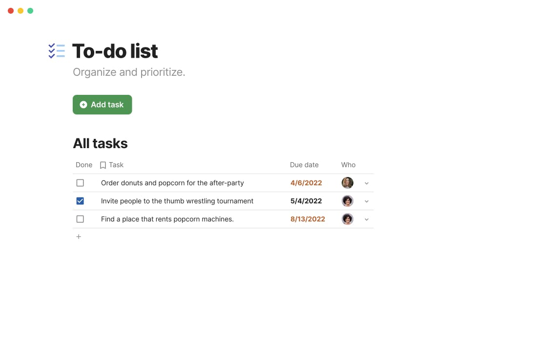 To-do list built in Coda - a simple task tracker with task, due date, and assigned person.