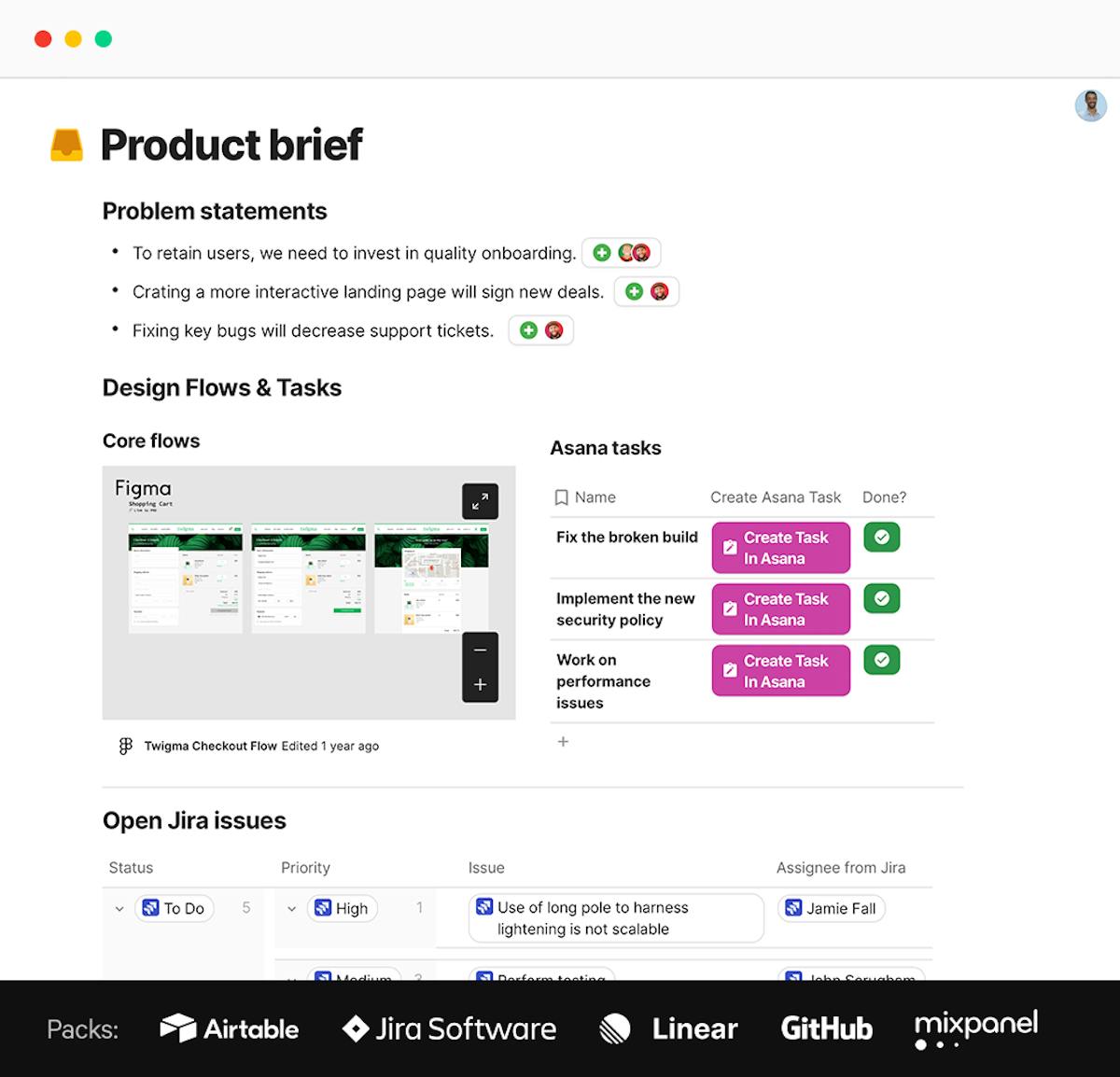 Product brief built in Coda - shows problem statements, design flows and Jira tickets in one central place.