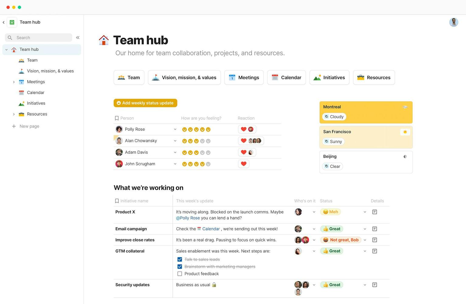 A Team Hub in Coda - includes a list of teammates and details for projects the team is working on.