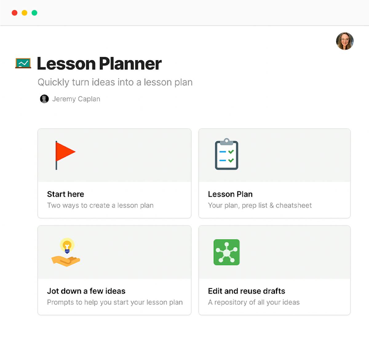 Lesson planner built in Coda - a hub for lesson planning and ideas.