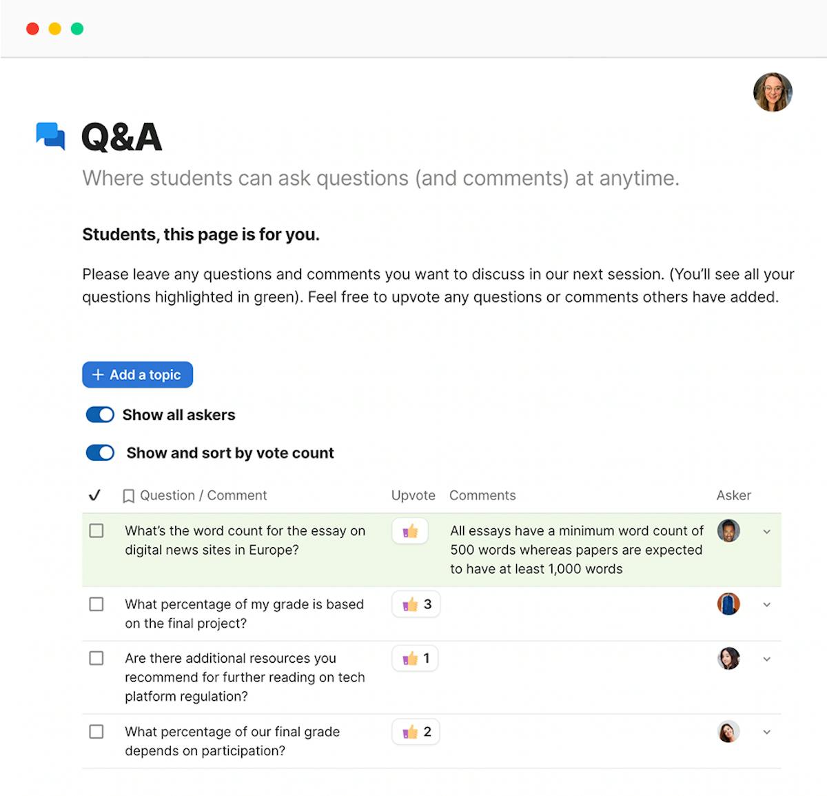 Interactive Q&A built in Coda - enables students to ask questions, vote on the questions they want answered, and get answers async.