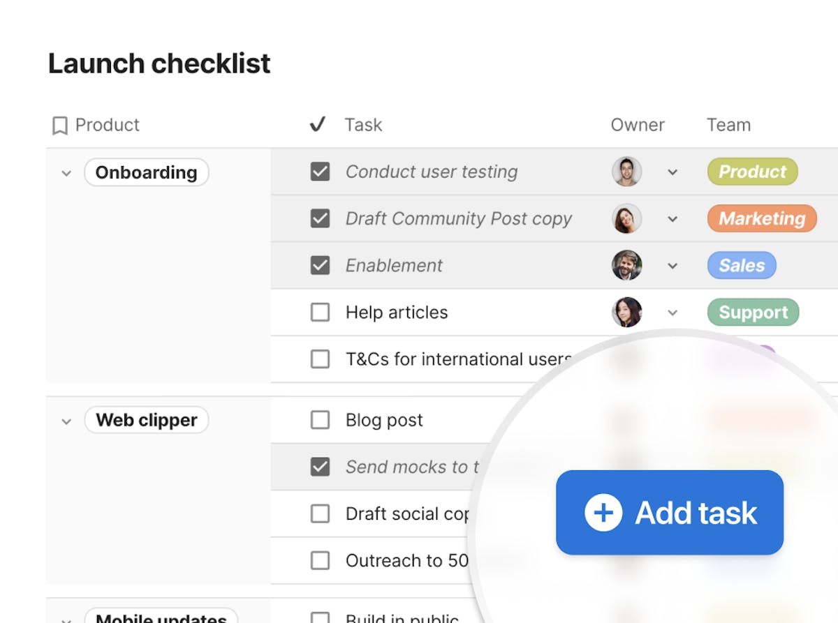 Product launch checklist built in Coda - showing product launch task, owner, and status.