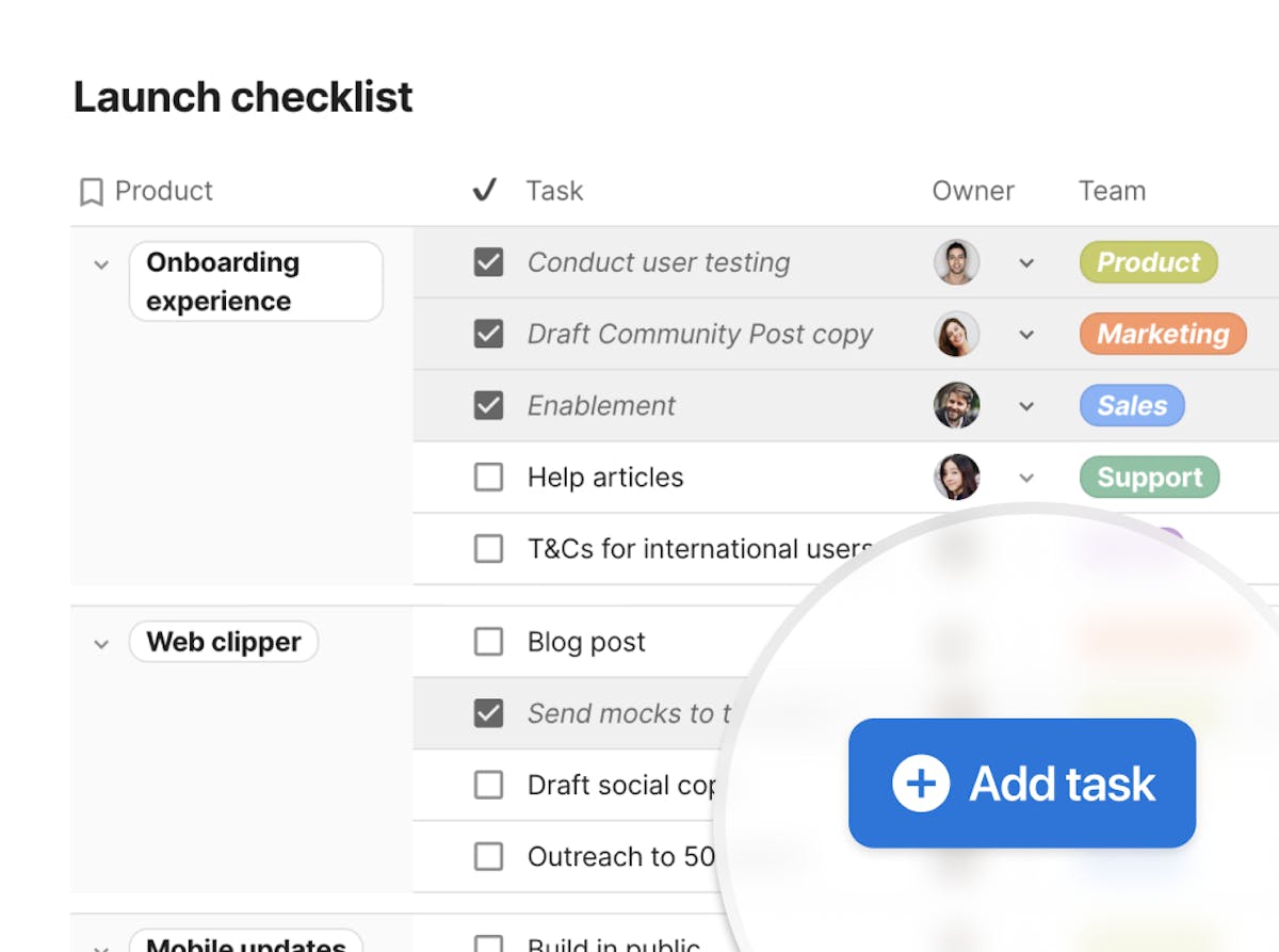 Product launch checklist built in Coda - showing product launch task, owner, and status.