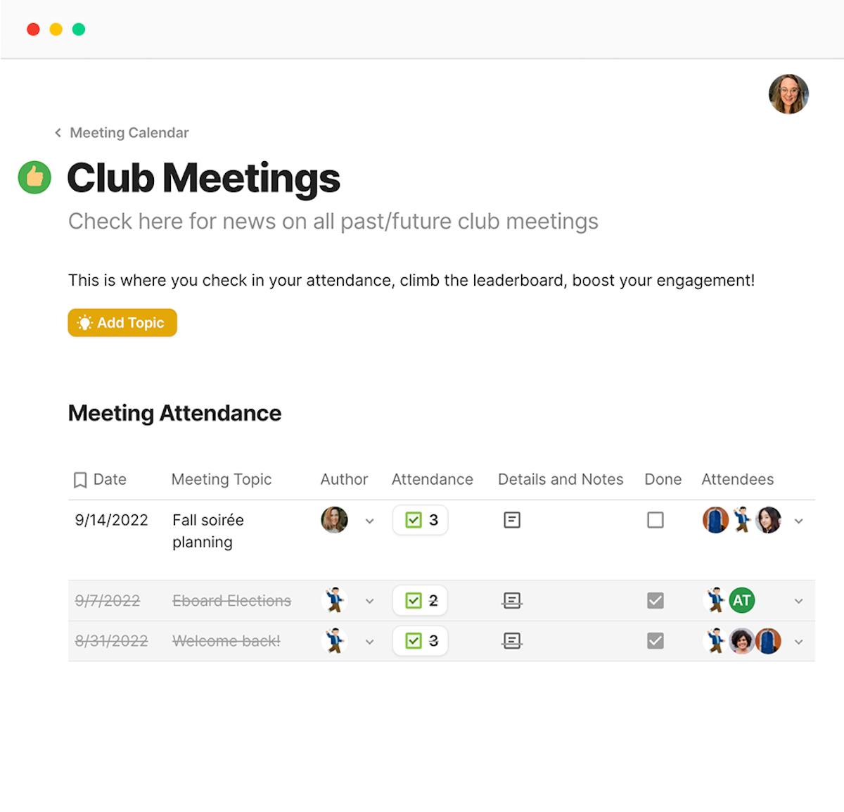 Club meetings list built in Coda - shows meeting topic, attendance, notes, and attendees.
