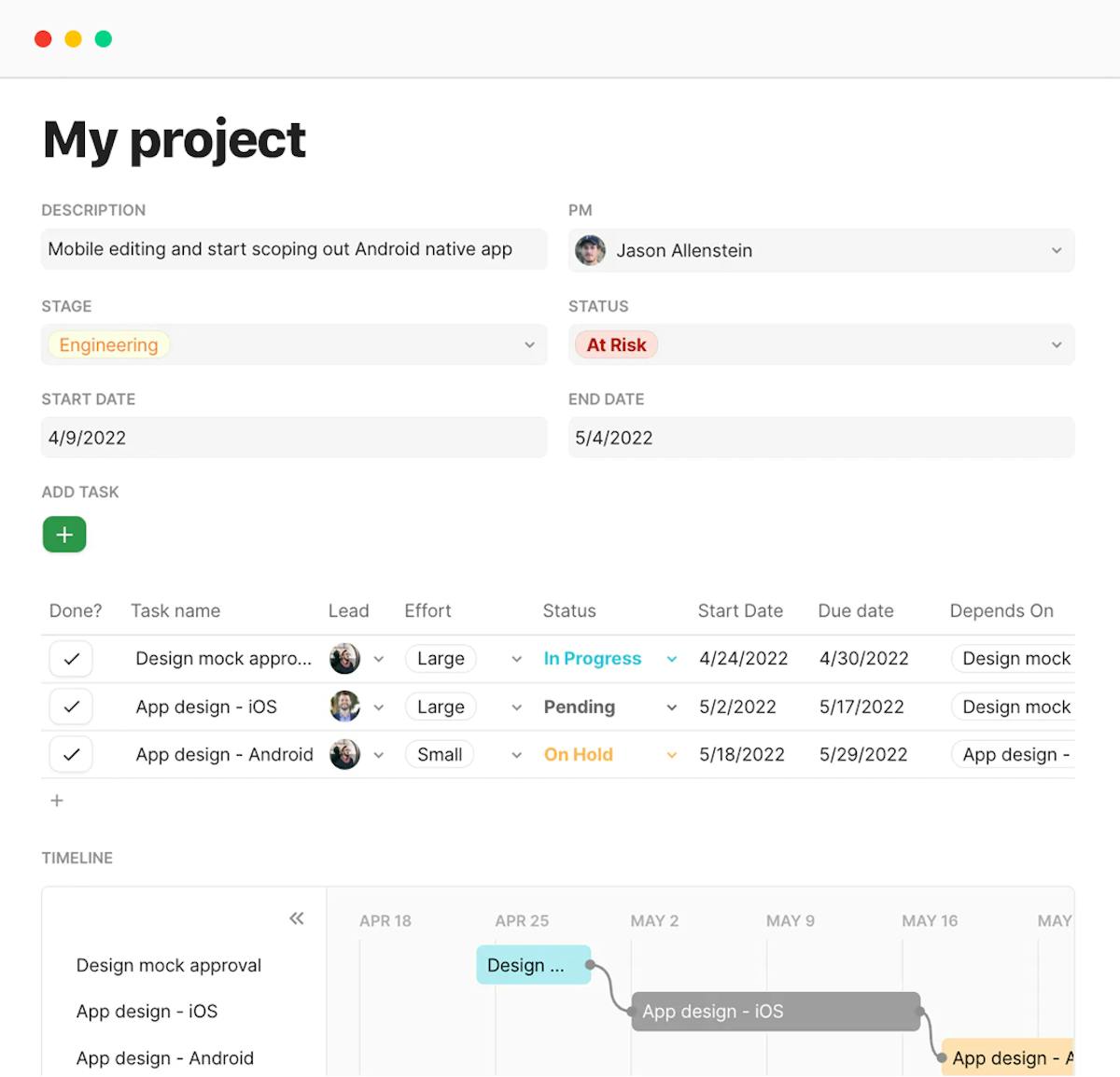 A screenshot of a project tracker built in Coda - a view of task name, status, due date, and more.