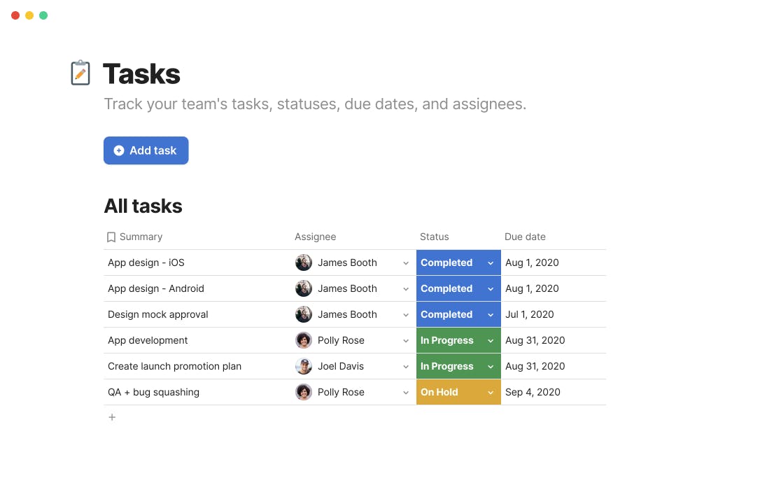 Track tasks with Coda - list all tasks, the assignee, the task status, and the due date.