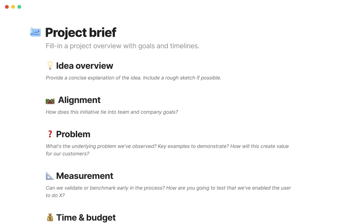 Project brief built in Coda - a view of the idea overview, team alignment, problem statement, metrics for measure, and budget.