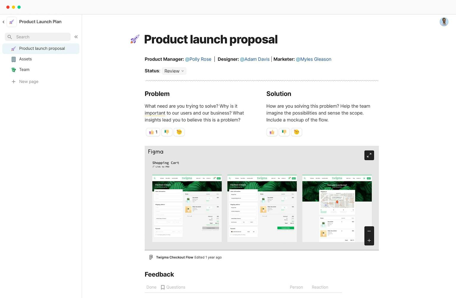 A product launch proposal in Coda - problem statement, solution statement, and an embedded Figma design doc.