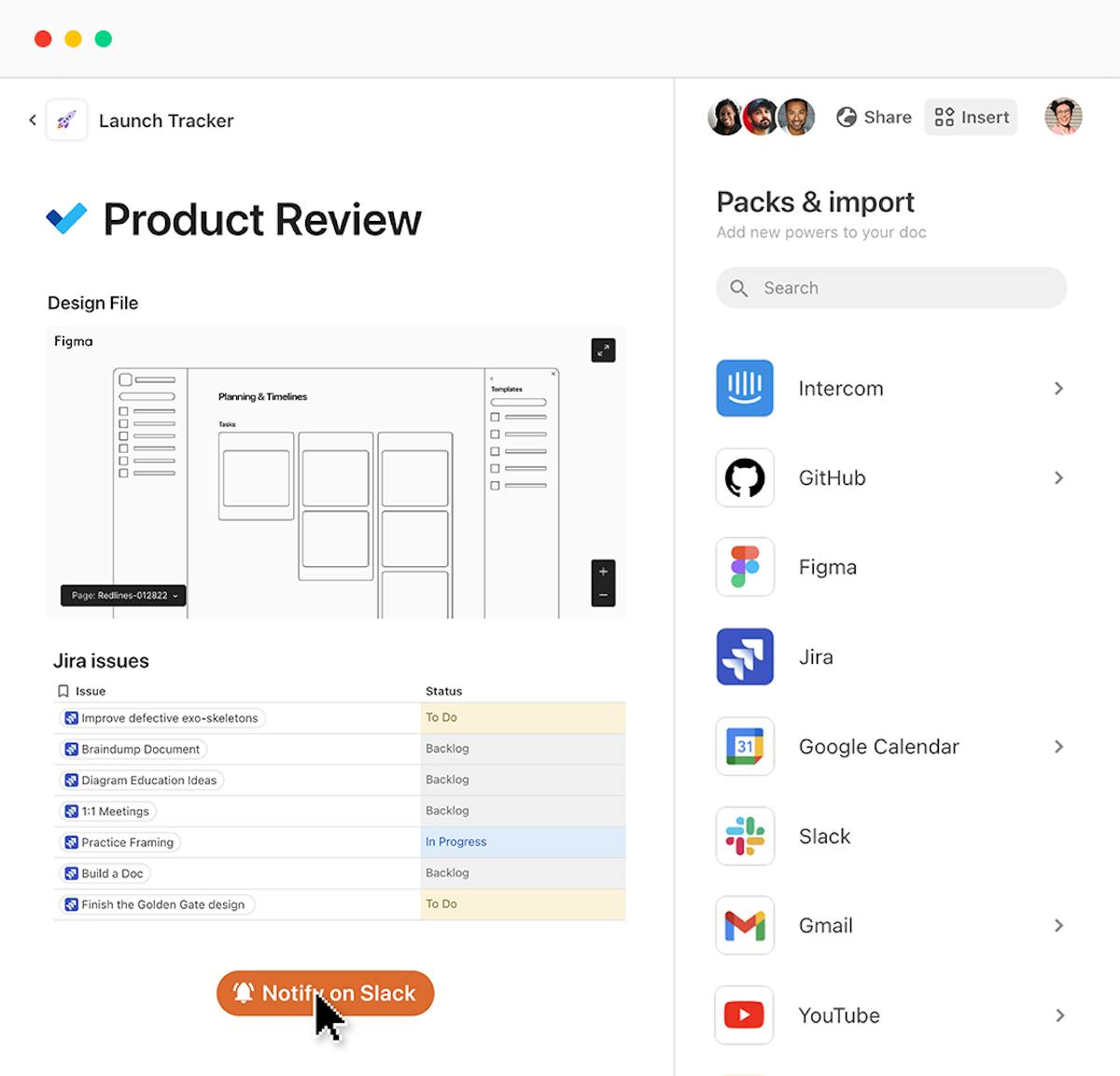 A look inside Coda that shows a Figma design file, a Jira tracker, and connections with Gmail and Slack