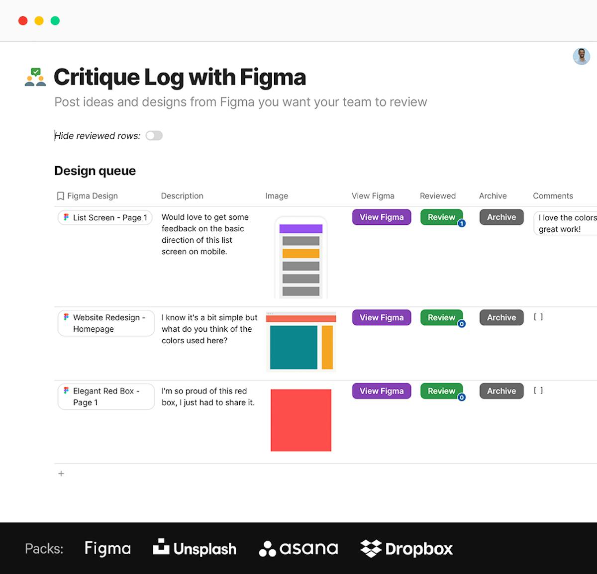Critique log with Figma - a Coda doc where teams can post ideas and designs from Figma and then review and comment.