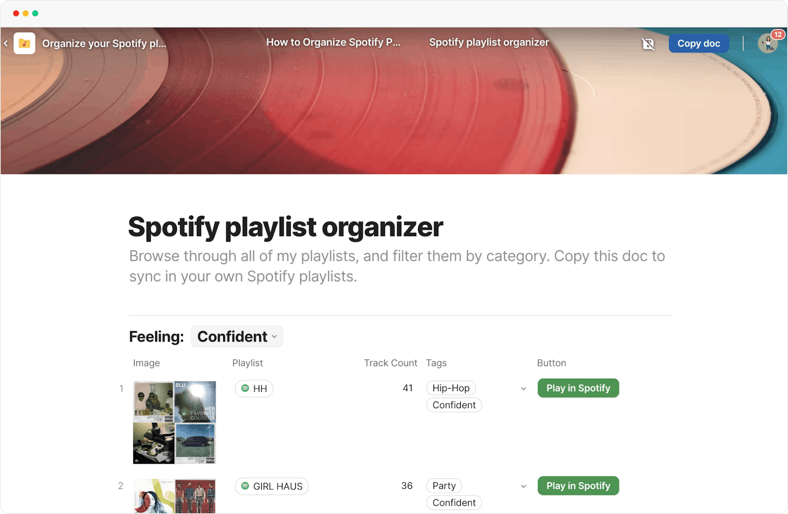 Spotify playlist organizer built in Coda - shows album images, track count, and tags with a button to play in Spotify