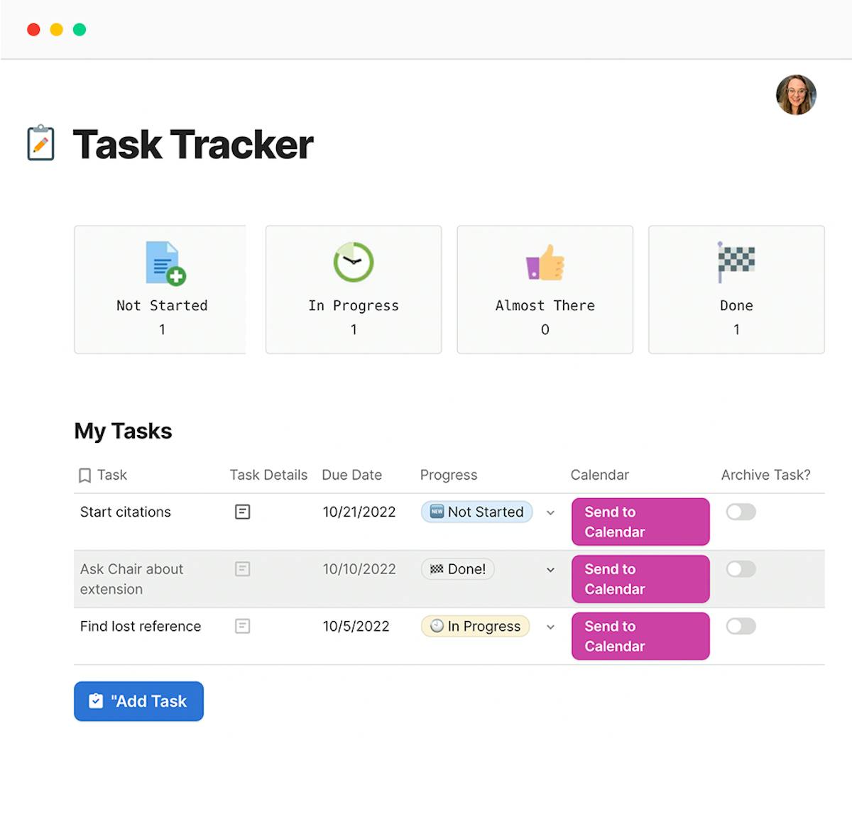 Task tracker built in Coda - shows the task, its details, and progress.