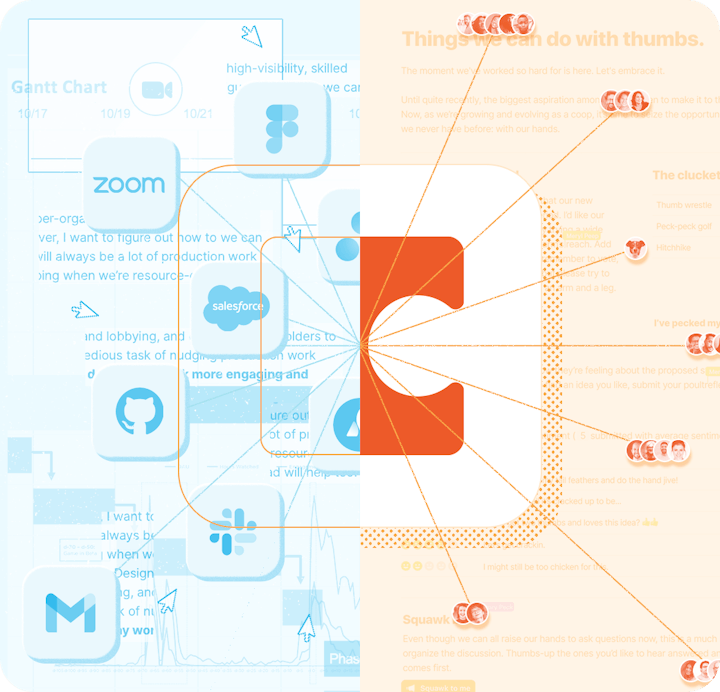 Artwork showing how Coda connects your words, data and teams together - Zoom, Slack, Gmail and Salesforce logos.